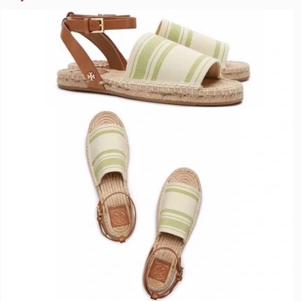 TORY BURCH Elastic Awning Stripe Espadrille Sandal Green and Ivory 10